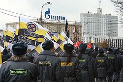 Прокремлевской молодежи для выступления выделили место у Кремля, зато у националистов (на фото) оказалось больше зрителей из числа сотрудников милиции. Загружается с сайта Ъ