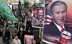 Попытки Джорджа Буша войти в историю, установив мир на Ближнем Востоке, пока не нашли поддержку у сторонников «Хамас». Загружается с сайта Ъ